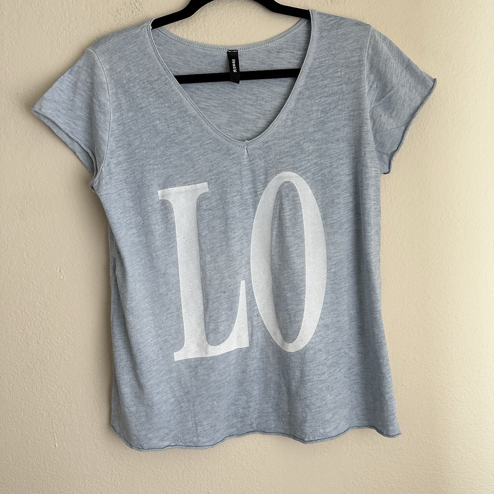 Venti6 T-Shirt Women Medium Gray LOVE Graphic V-Neck Raw Hem Short Sleeve